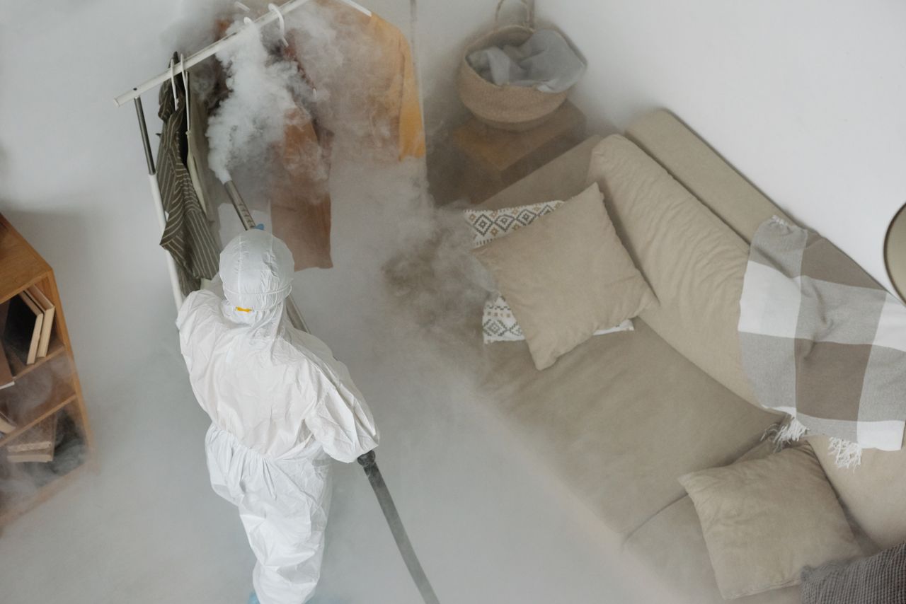 heros-img A worker in protective gear performs fumigation in a living room, using smoke to sanitize surfaces.